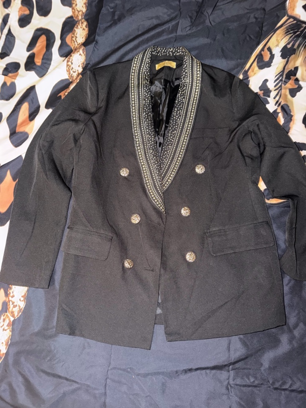 Embellished Shawl Collar Double-Breasted Black Blazer